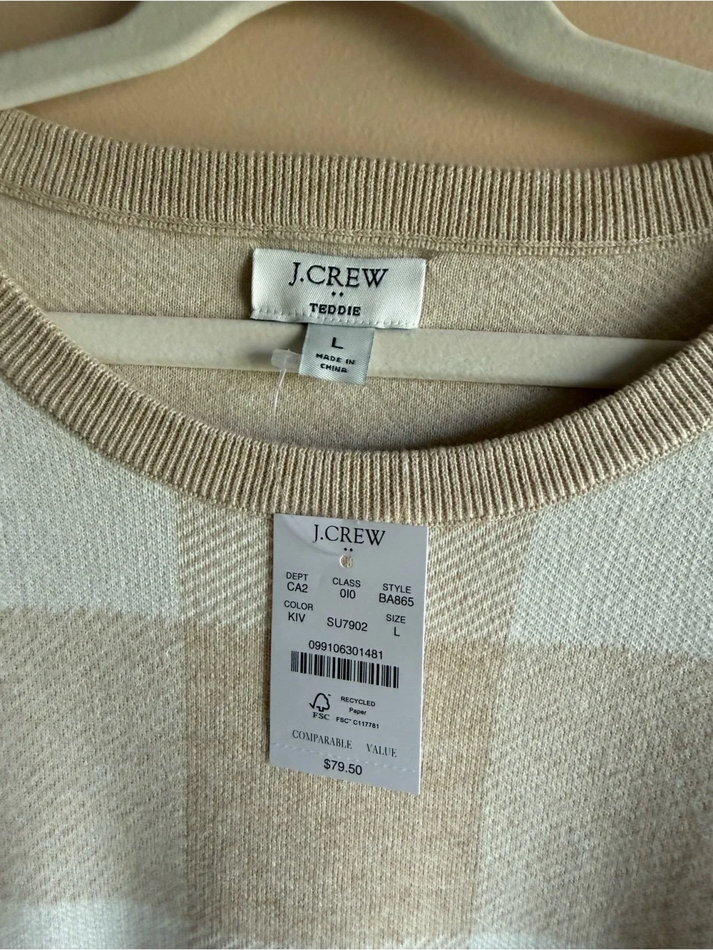 J. Crew Beige and Cream Check Crewneck Sweater